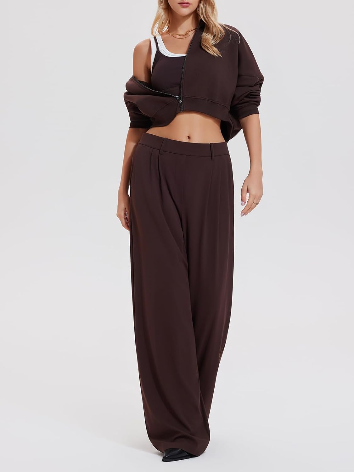 Airfree Tall Women's 2 Piece Outfits Spring Airport Cropped Hoodie Long Wide Leg Pants Sets Travel Lounge Sets Work Sweatsuit