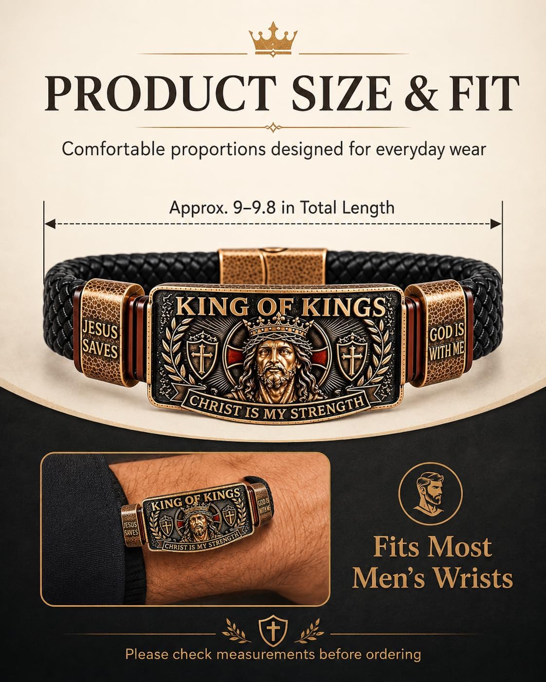 King of Kings Faith Bracelet - Adjustable Handmade Religious Leather Wristband for Men
