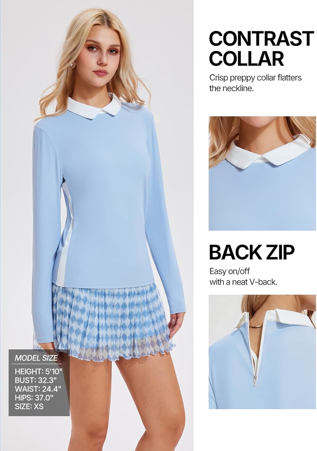 Women's 2 Piece Golf Outfit Tennis Skirt Set Long Sleeve Back Zipper & Flowy Mesh Pleated Skort