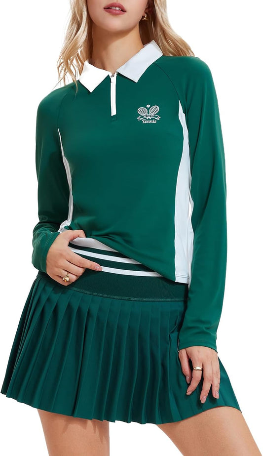 Airfree Women's Golf and Tennis Shirts Half-Zip Color Block Longsleeve Polo Shirts Collared Tops with Tennis Skirt Set