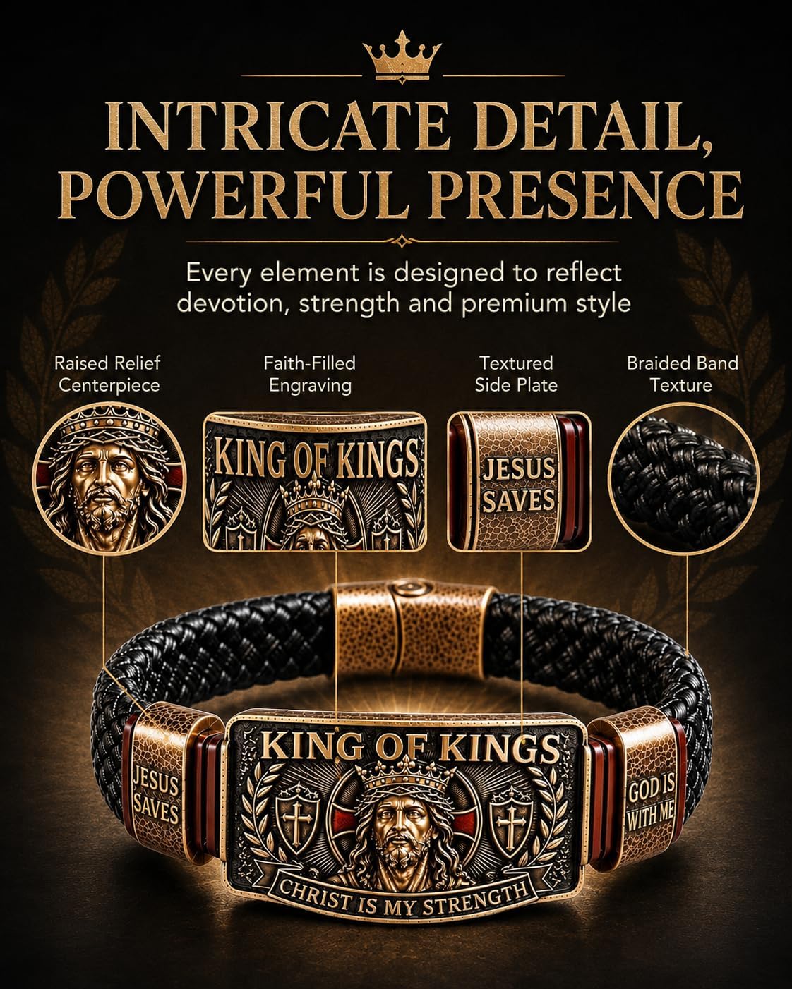 King of Kings Faith Bracelet - Adjustable Handmade Religious Leather Wristband for Men