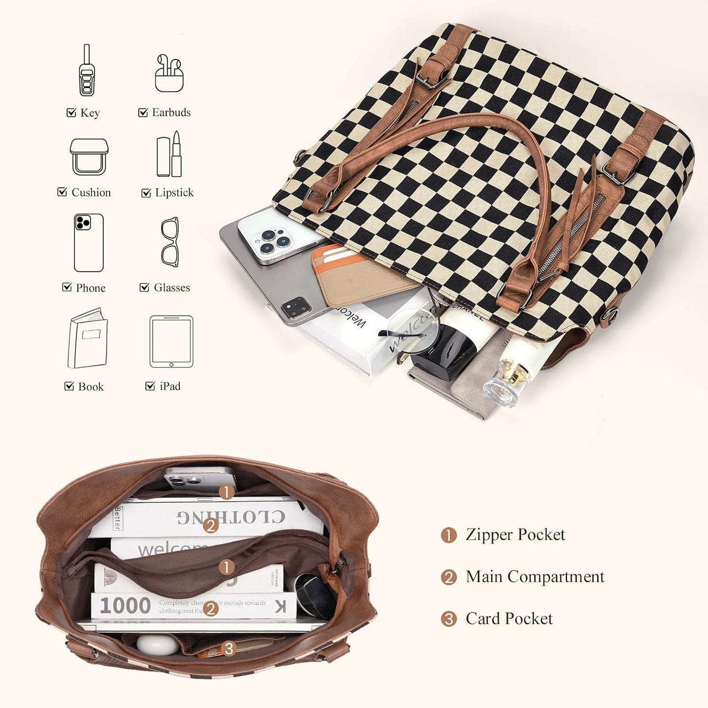 Checkered Tote Bag Large Plaid Hobo Shoulder Bag for Women with Multiple Pockets