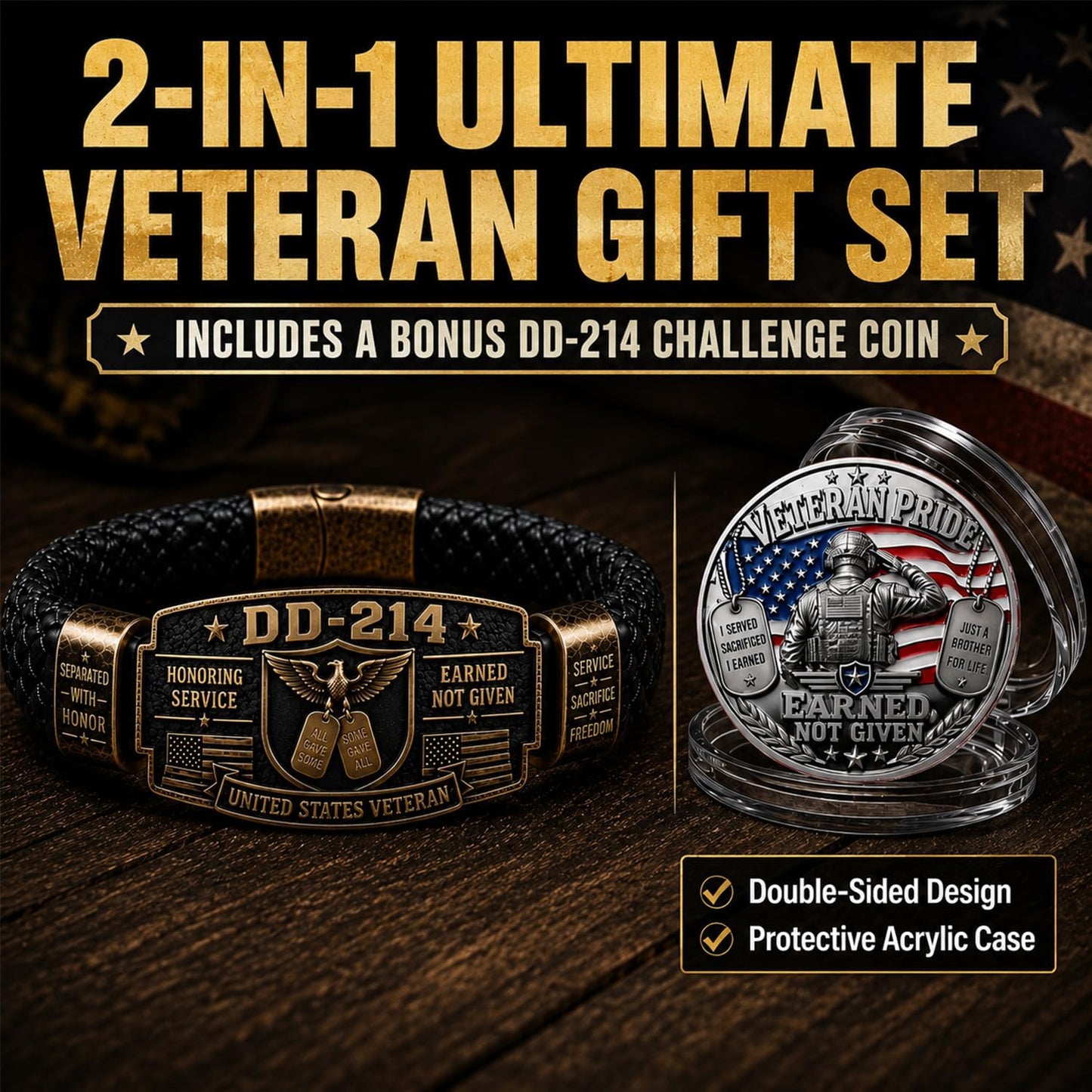 Veteran Honor Bracelet, Earned Not Given Braided Cuff Bangle, Antique USA Flag Eagle Wristband
