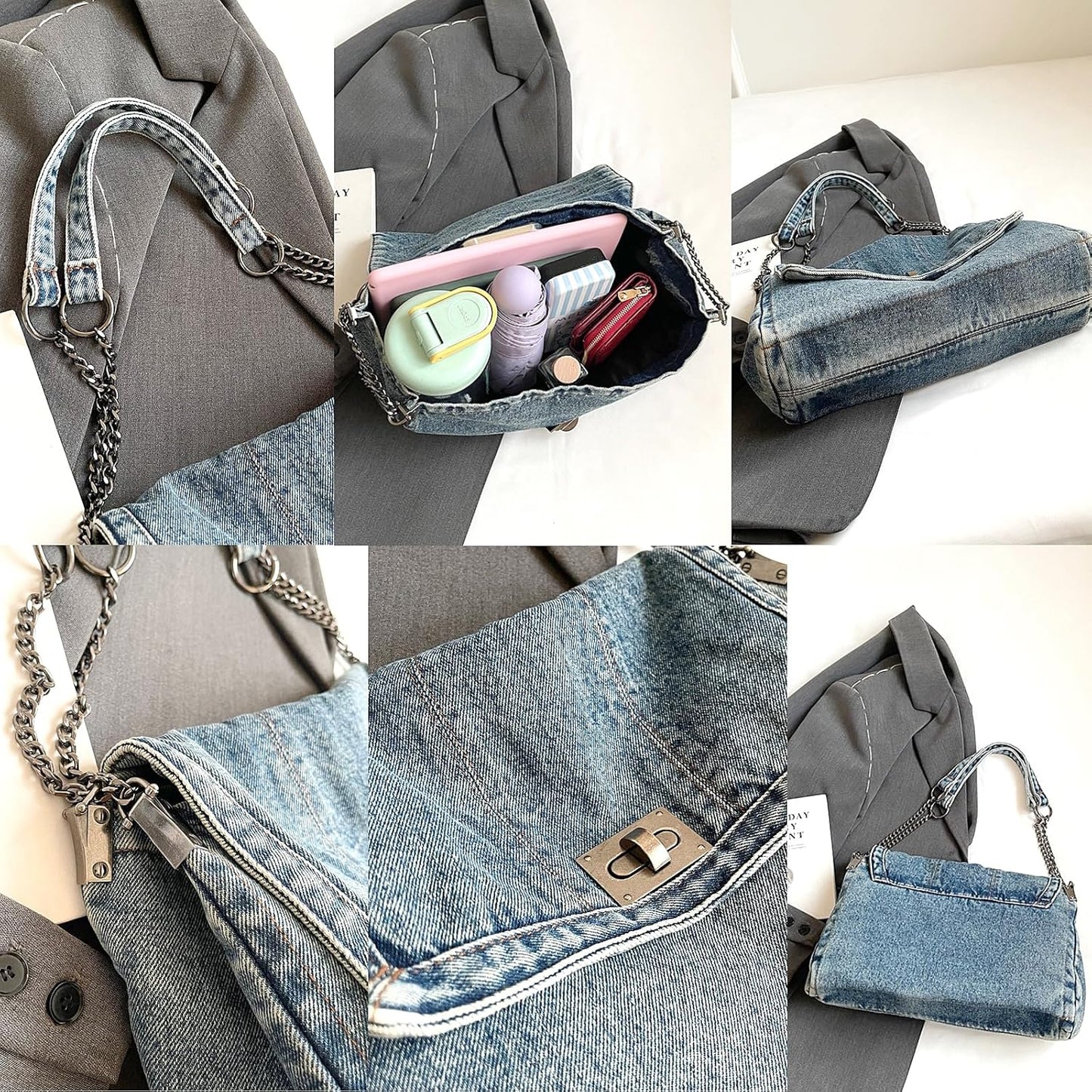 Large Denim Tote Bag for Women - Casual Retro Crossbody Shoulder Bag with Multiple Pockets