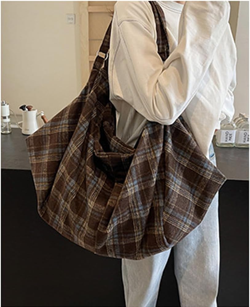 Plaid Tote Bag for Women Large Hobo Shoulder Bag Lightweight Slouchy Handbag for Work Travel