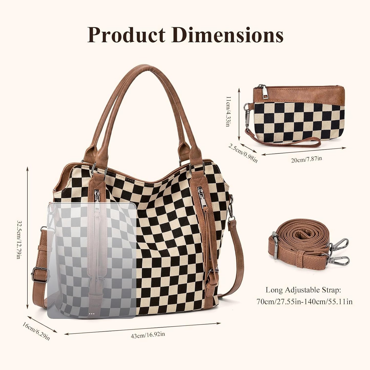 Checkered Tote Bag Large Plaid Hobo Shoulder Bag for Women with Multiple Pockets