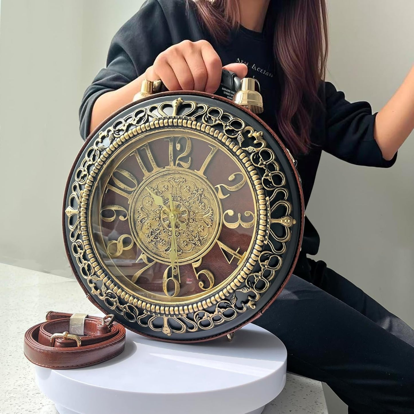 Retro Clock Shaped Crossbody Purse - Vintage Steampunk Shoulder Bag for Women