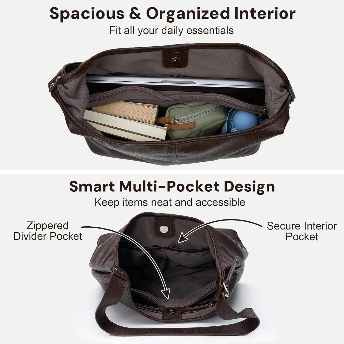 Hobo Bag for Women, Vegan Leather Slouchy Shoulder Tote with Matching Pouch