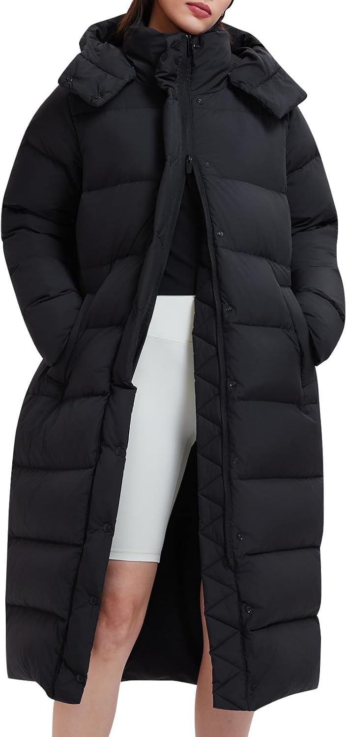 AFZ Women's 800FP Long Down Puffer Coat with Cinched Waist and Removable Hood, Water-Resistant Winter Jacket