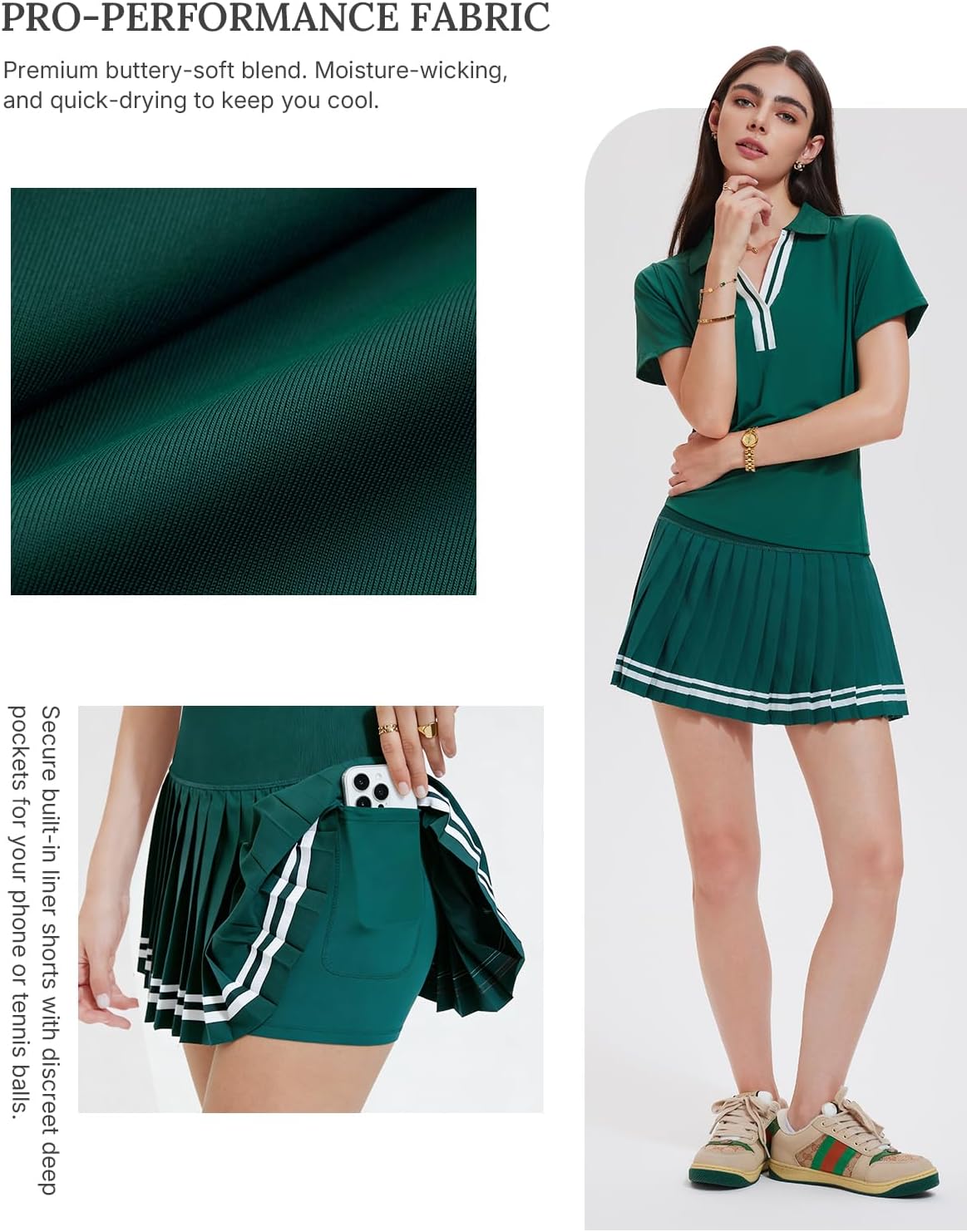 Women's 2 Piece Pleated Tennis Skirt Set - V-Neck Polo Athletic Outfit with Pockets