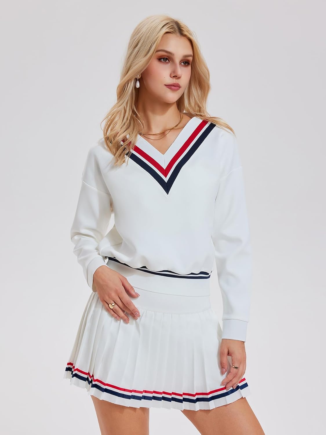 Women's 2 Piece Tennis Skirt Set, V-Neck Long Sleeve Sweatshirt & High Waisted Pleated Skirt