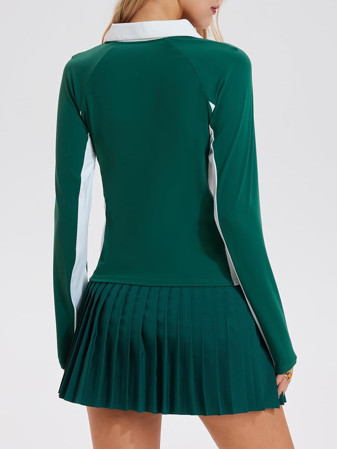 Airfree Women's Golf and Tennis Shirts Half-Zip Color Block Longsleeve Polo Shirts Collared Tops with Tennis Skirt Set