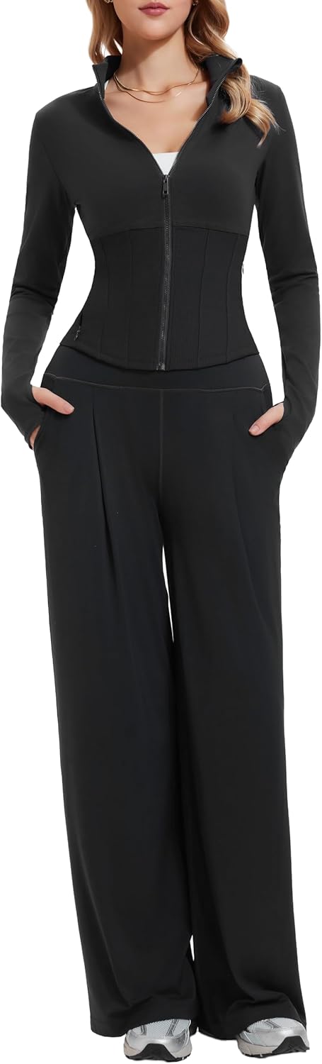 Mudere Women's 2 Piece Lounge Set Long Sleeve Full Zip Wide Leg Pants Casual Tracksuit Sweatsuit for Travel Fall Outfits