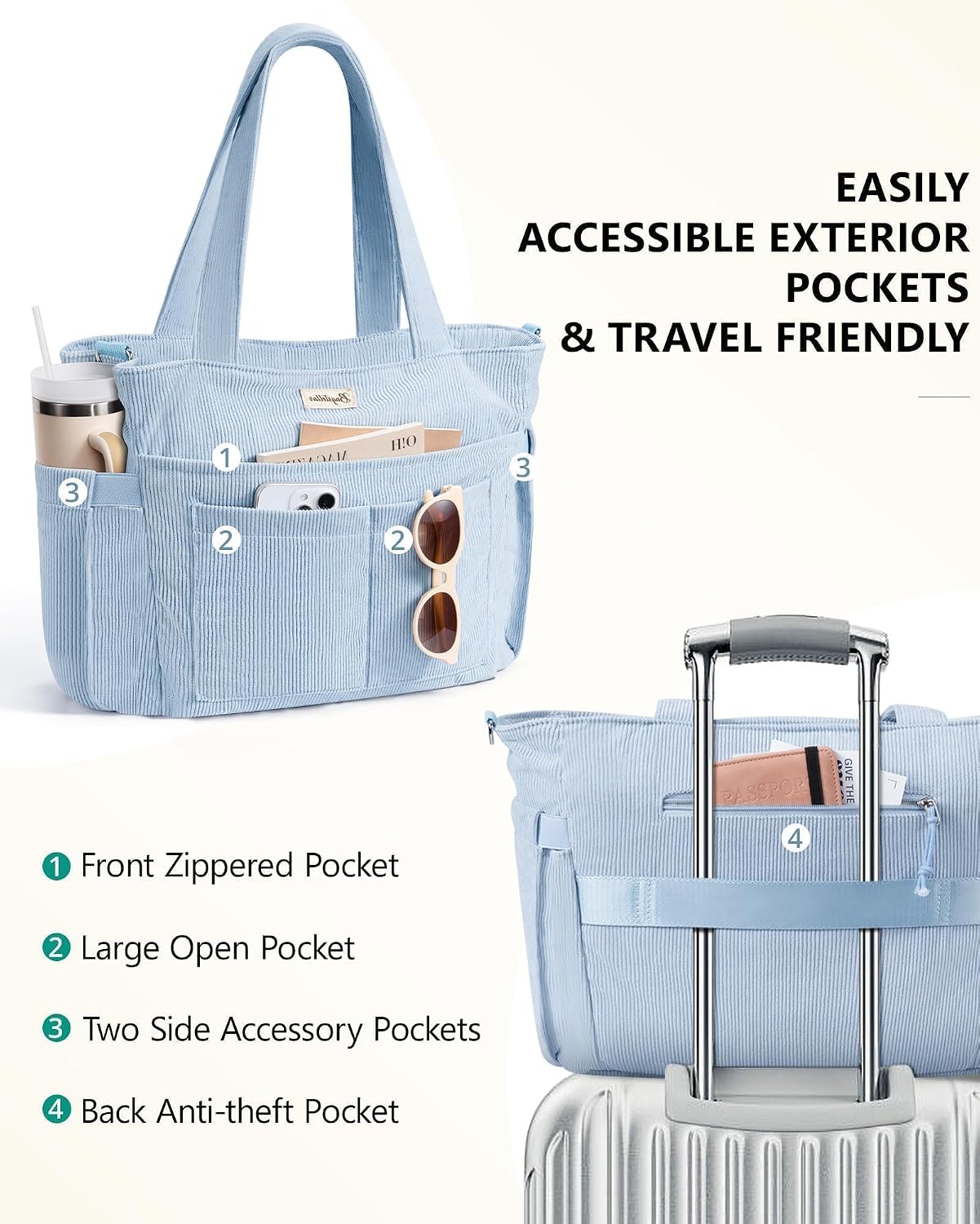 Corduroy Tote Bag for Women, 17 Pockets Laptop Work Bag with 40oz Cup Holder