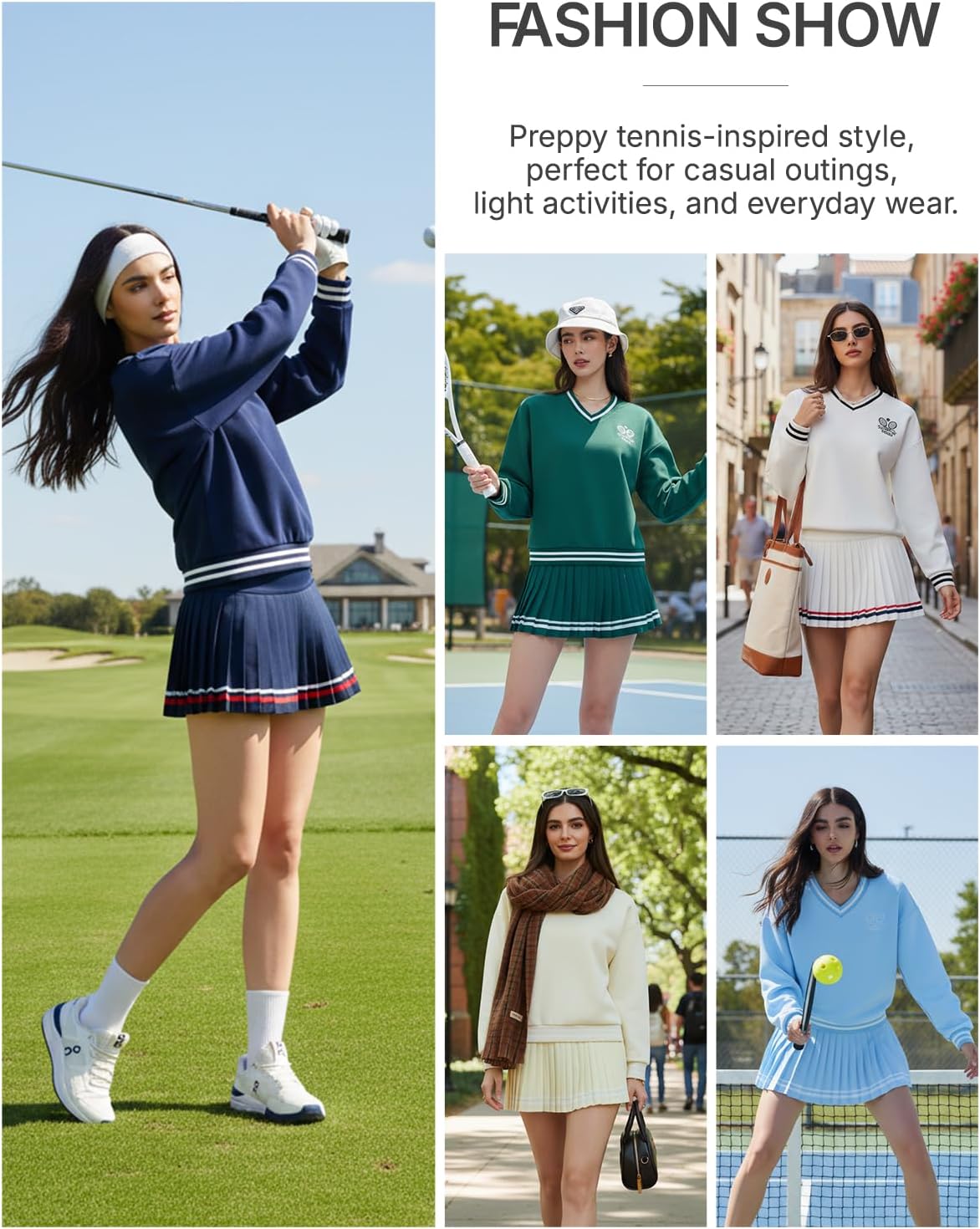 Women's Long Sleeve Tennis Skirt Set - 2 Piece Golf Outfit with V-Neck Sweater & Skort