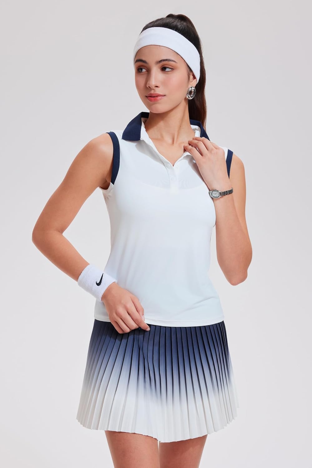 AFZ Women's Two Piece Tennis Skirt Sets Polo Sleeveless Ombre Pleated Pickleball Golf Outfits with Shorts and Pockets