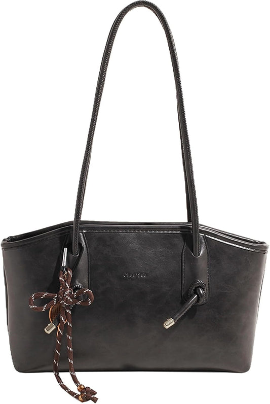 Vintage Brown Faux Leather Shoulder Bag - Fall Hobo Handbag with Cute Pendant