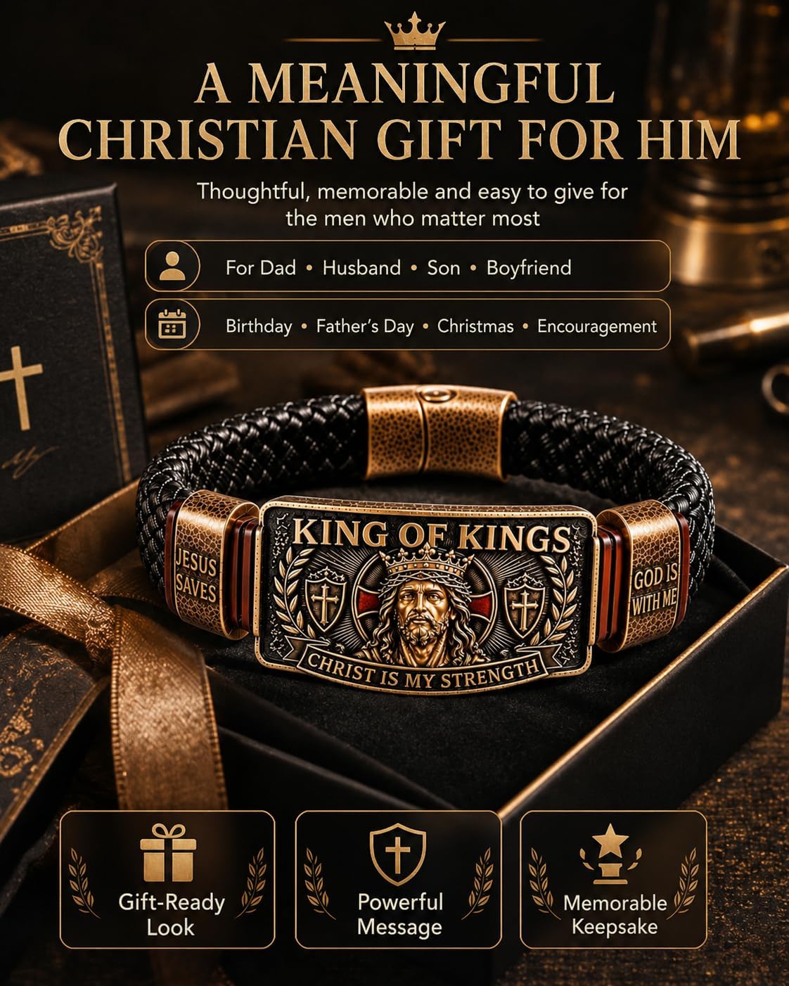 King of Kings Faith Bracelet - Adjustable Handmade Religious Leather Wristband for Men