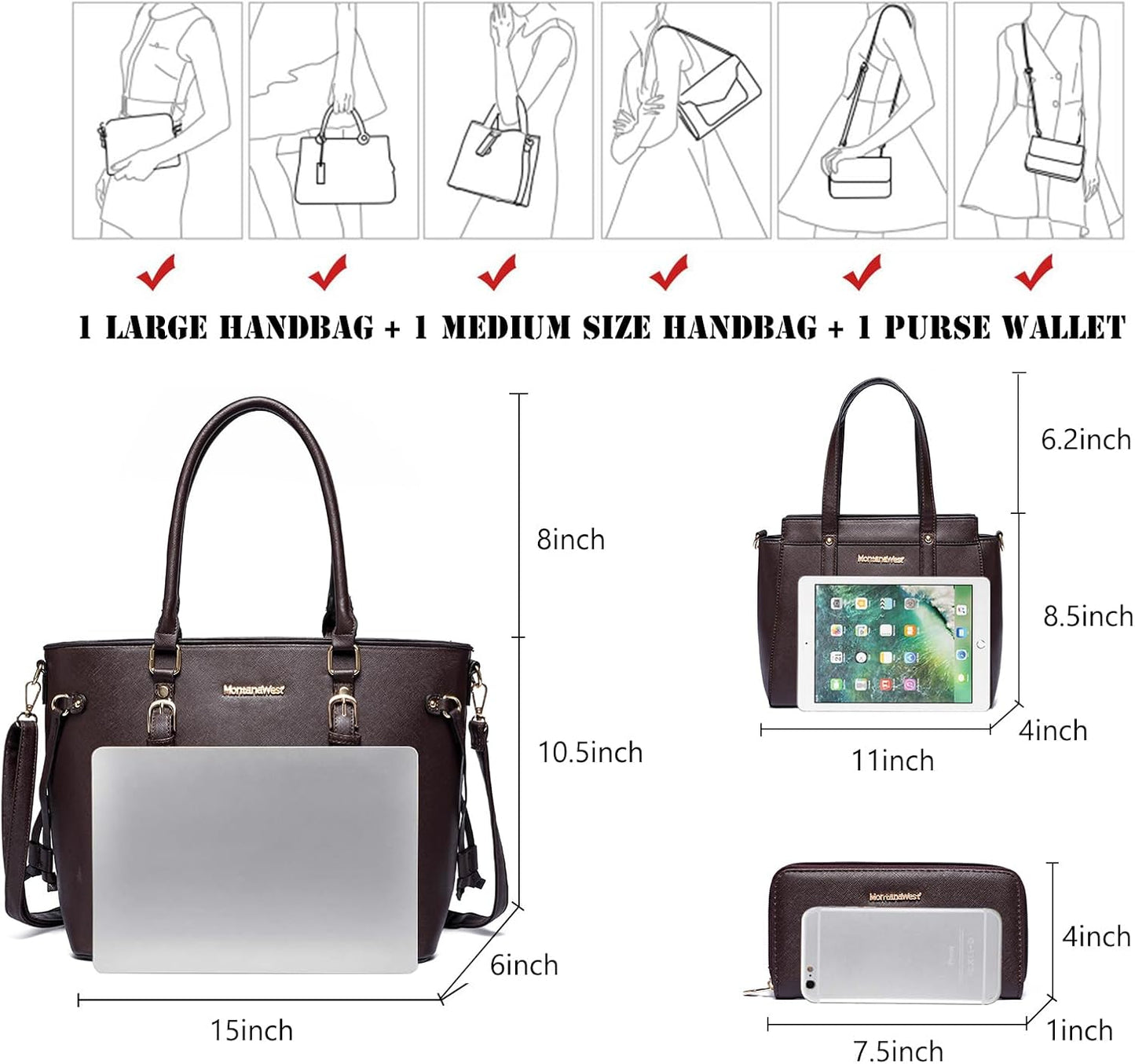 3PCS Purses for Women Set - Tote Bag, Shoulder Satchel, and Matching Wallet