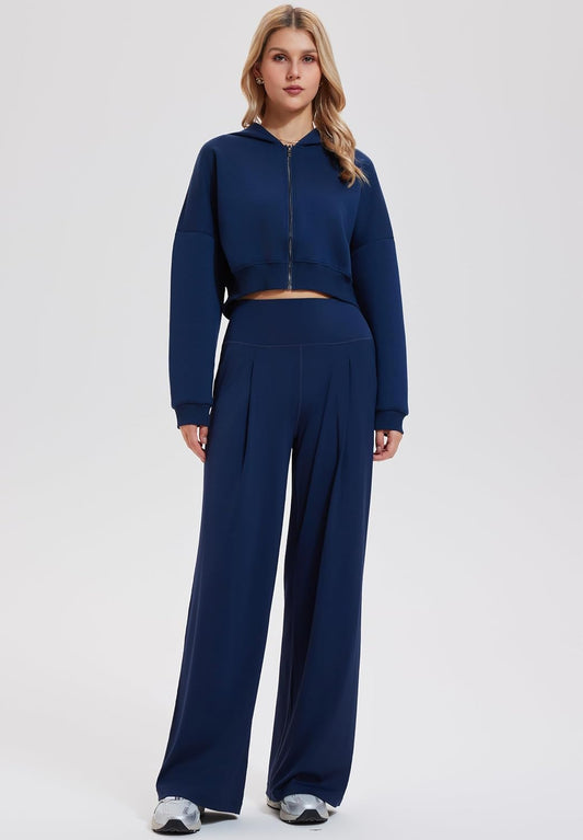 Mudere 2 Piece Sets for Women Fall Travel Outfits Long Sleeve Tracksuit High Waist Wide Leg Pants Zip Sweatsuit Matching Set