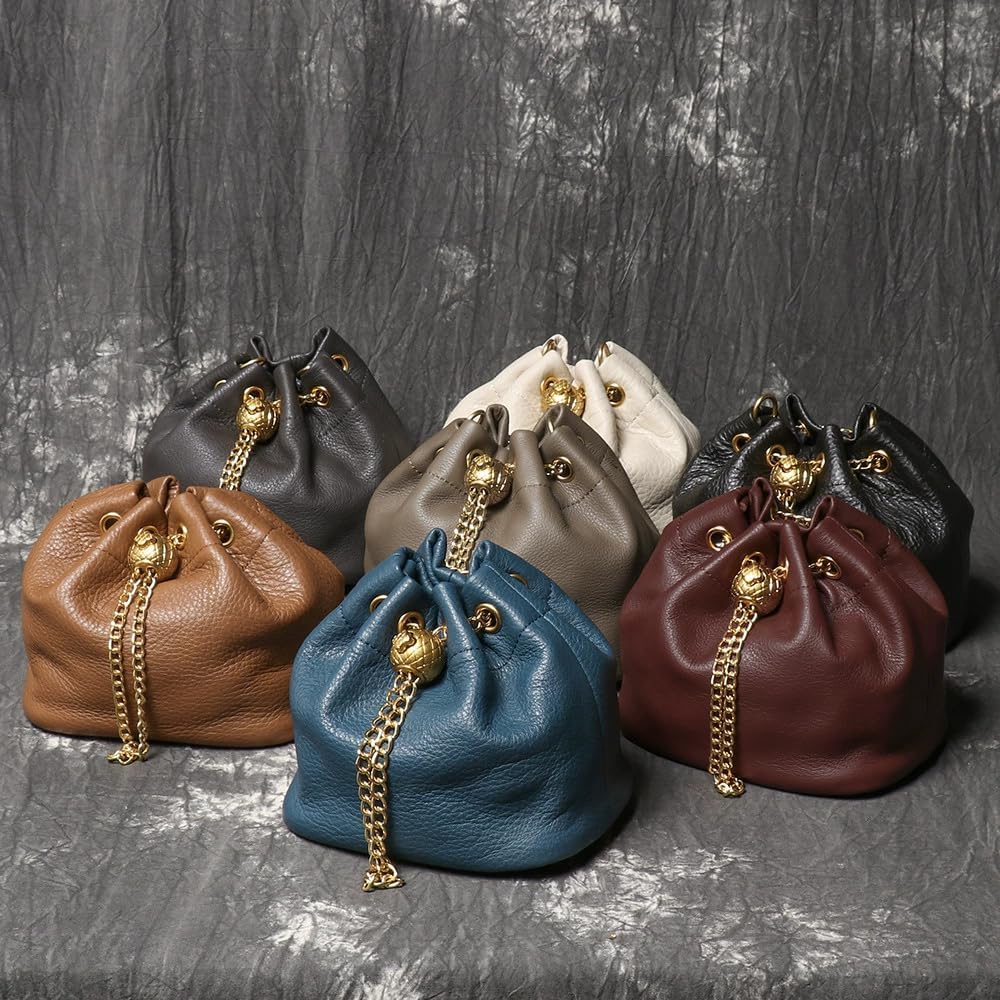 Genuine Leather Bucket Bag with Gold-Tone Chain Strap and Quilted Detail