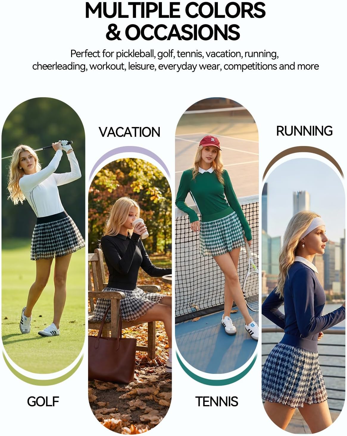 Women's 2 Piece Tennis Skirt Set - Long Sleeve Color Block Top & Pleated Skort