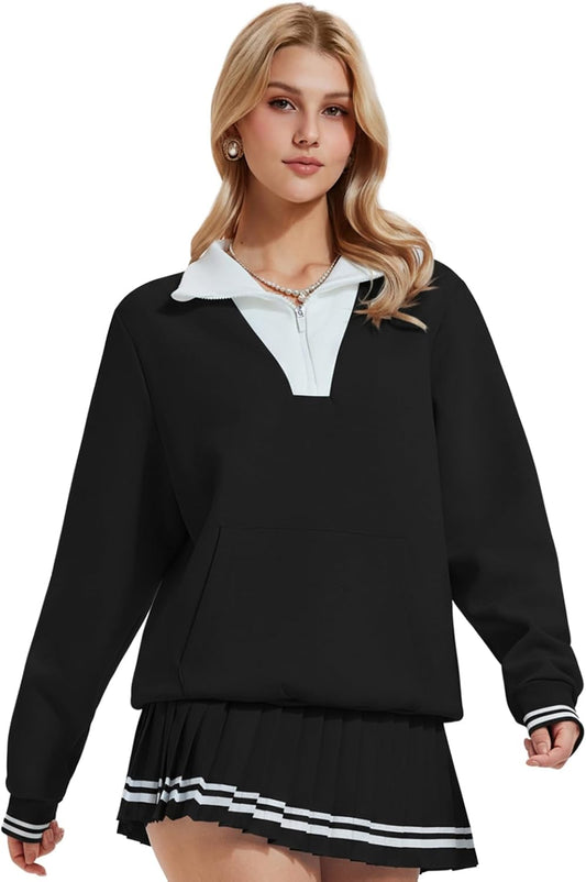 Women's 2 Piece Tennis Skirt Set - Long Sleeve Half Zip Warm Pickleball Outfits with Pockets
