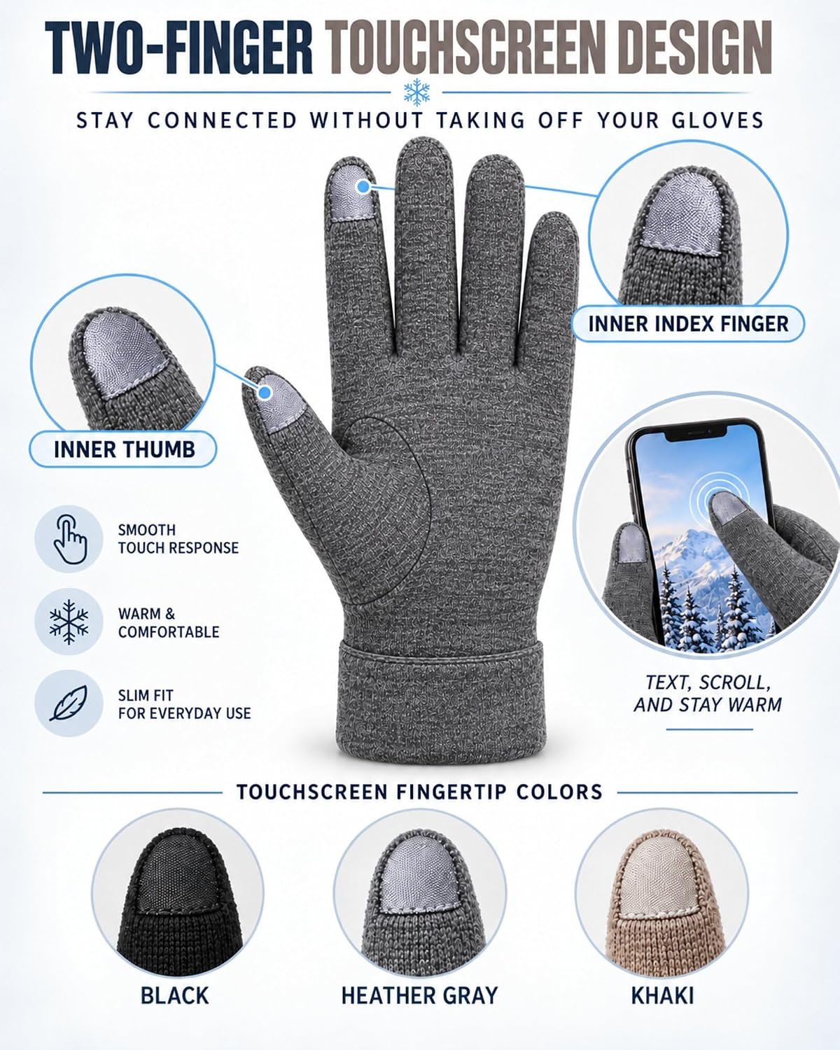 3 Pairs Women's Winter Touchscreen Gloves - Windproof Fleece Lined Warm Texting Mittens