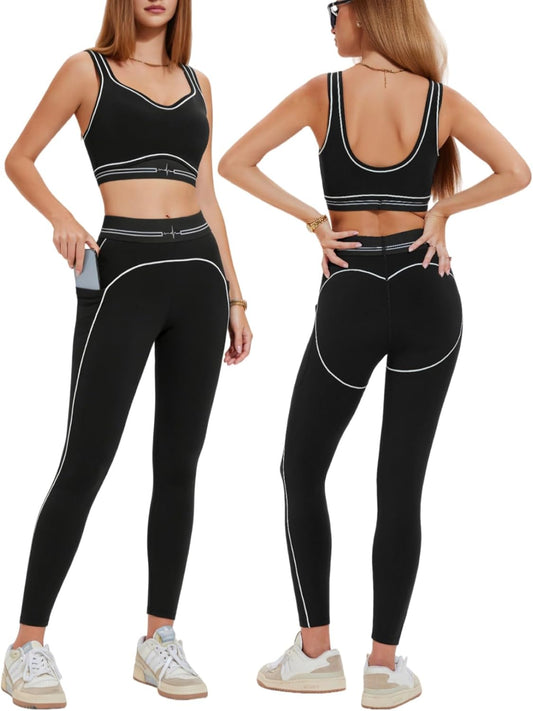 Yoga Sets for Women with Pockets - 2 Piece Workout Pilates Outfits Leggings and Sports Bra
