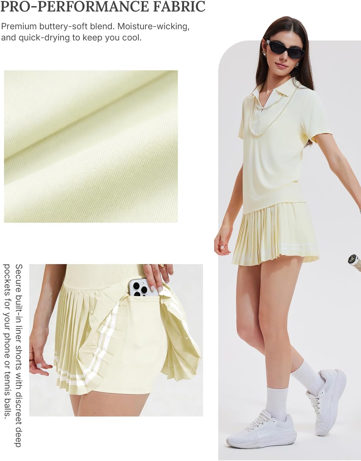 Women's 2 Piece Tennis Skirt Set - Pleated Golf Outfit with Polo V-Neck and Pockets