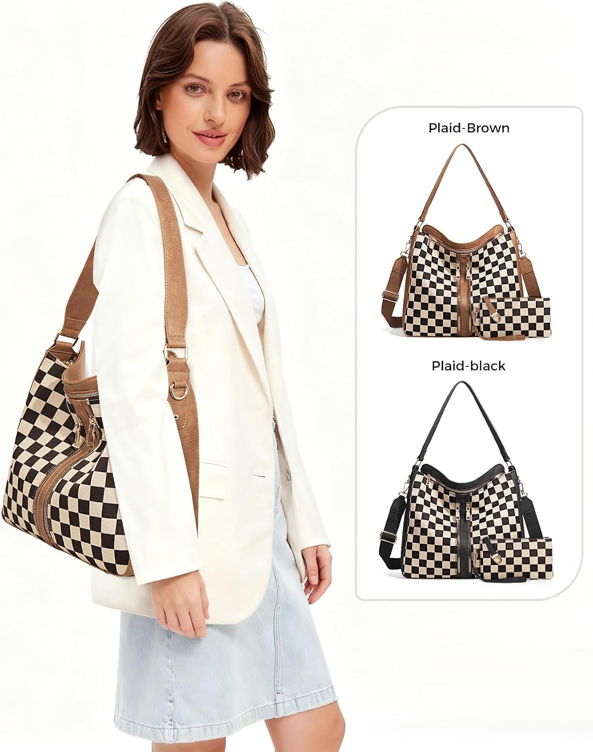 Checkered Hobo Handbag for Women - Plaid Crossbody Shoulder Bag with Small Purse