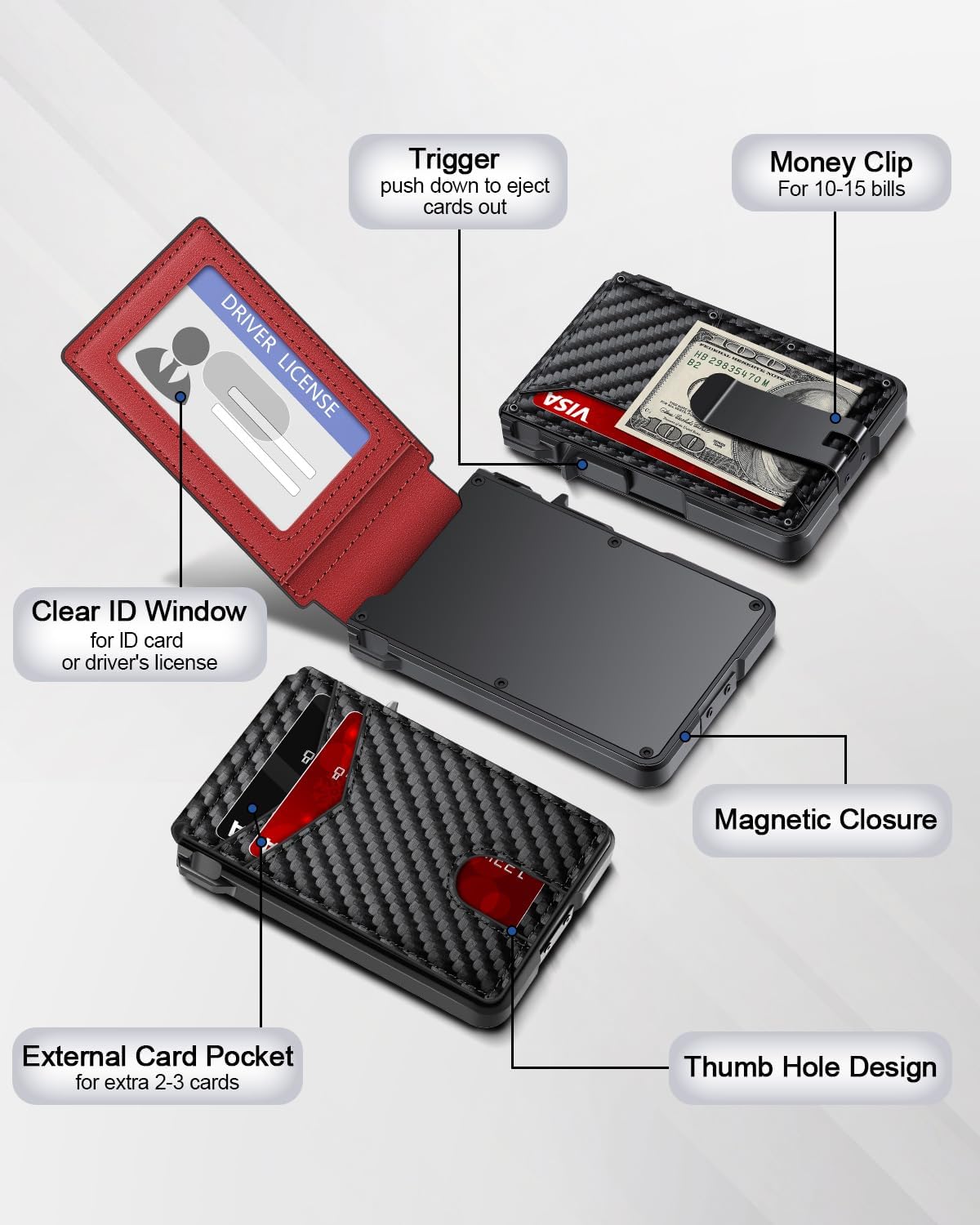 Minimalist Slim Wallet for Men - RFID Blocking Pop Up Card Holder with Money Clip & ID Window