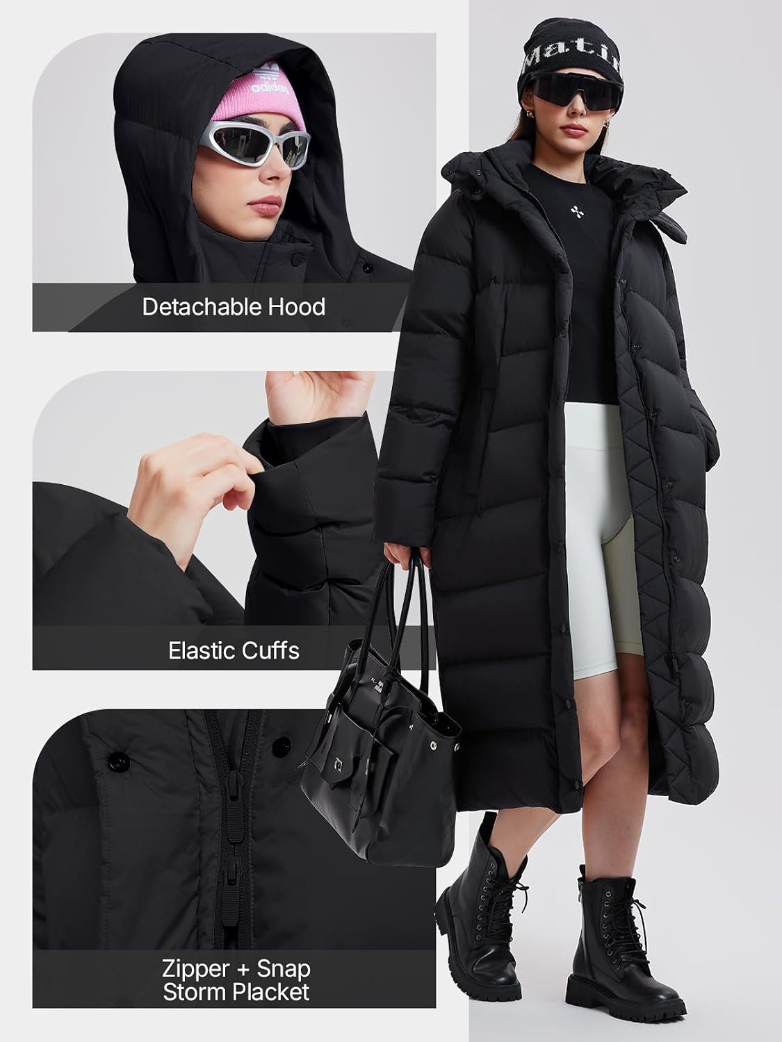 AFZ Women's 800FP Long Down Puffer Coat with Cinched Waist and Removable Hood, Water-Resistant Winter Jacket