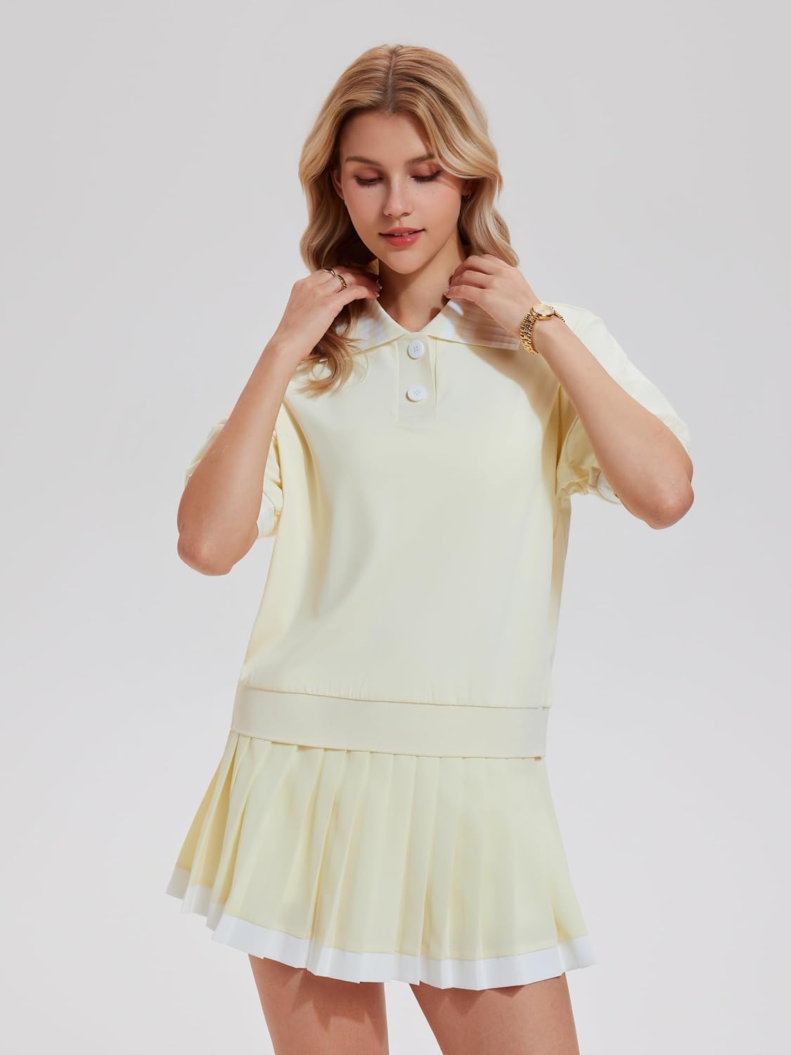 AFZ Women Tennis Skirt Set Color-Block Ribbed Tennis Shirt Athletic Dress Golf Skorts for Pickleball Pockets
