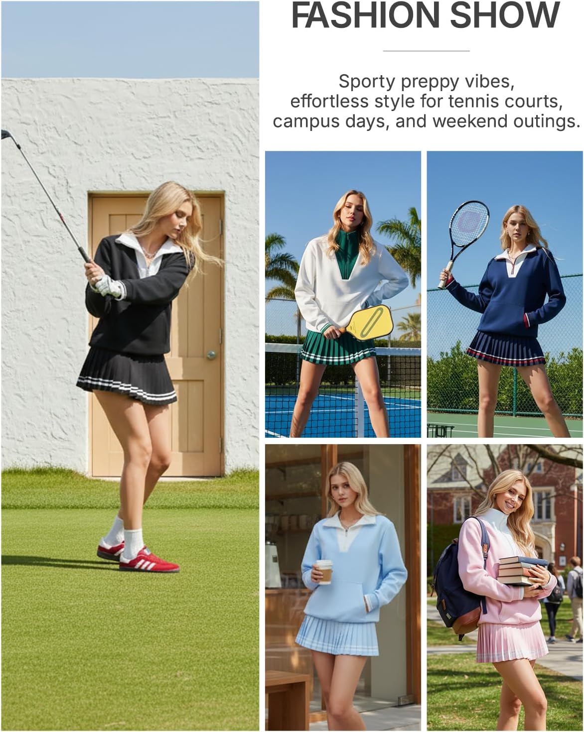 Women's 2 Piece Tennis Skirt Set - Long Sleeve Half Zip Warm Pickleball Outfits with Pockets