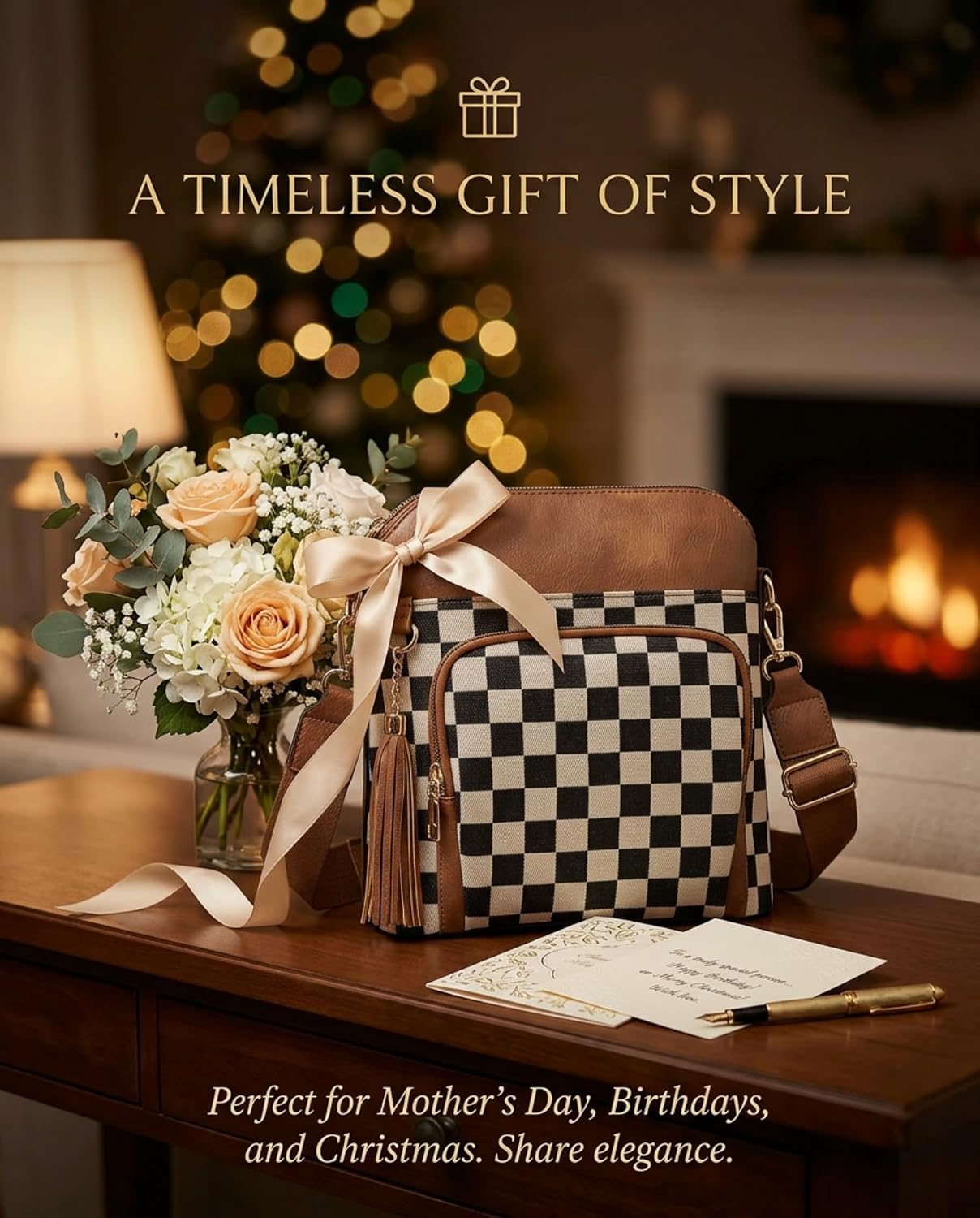 Checkered Crossbody Bag for Women, Lightweight Plaid PU Leather Canvas Handbag with Adjustable Strap