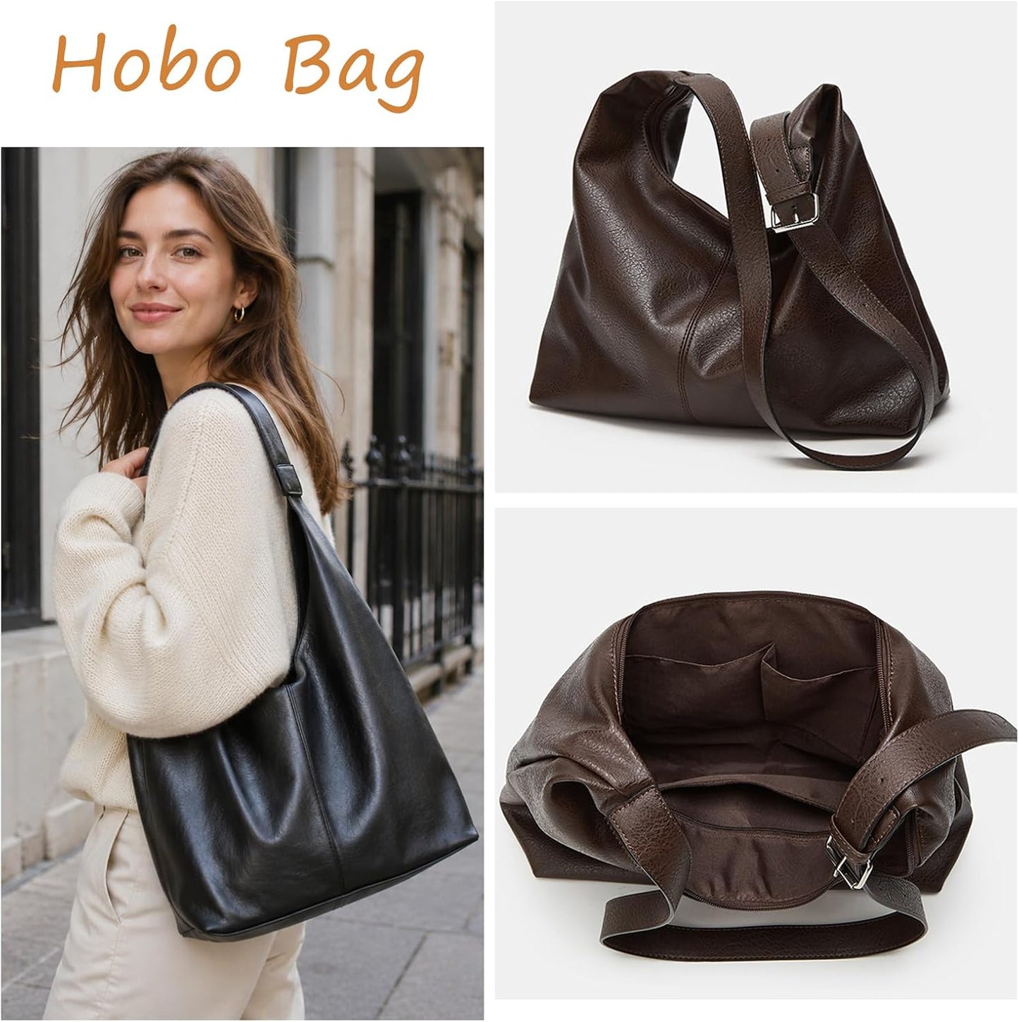 Large Hobo Bag for Women - Vegan Leather Slouchy Shoulder Handbag and Travel Tote