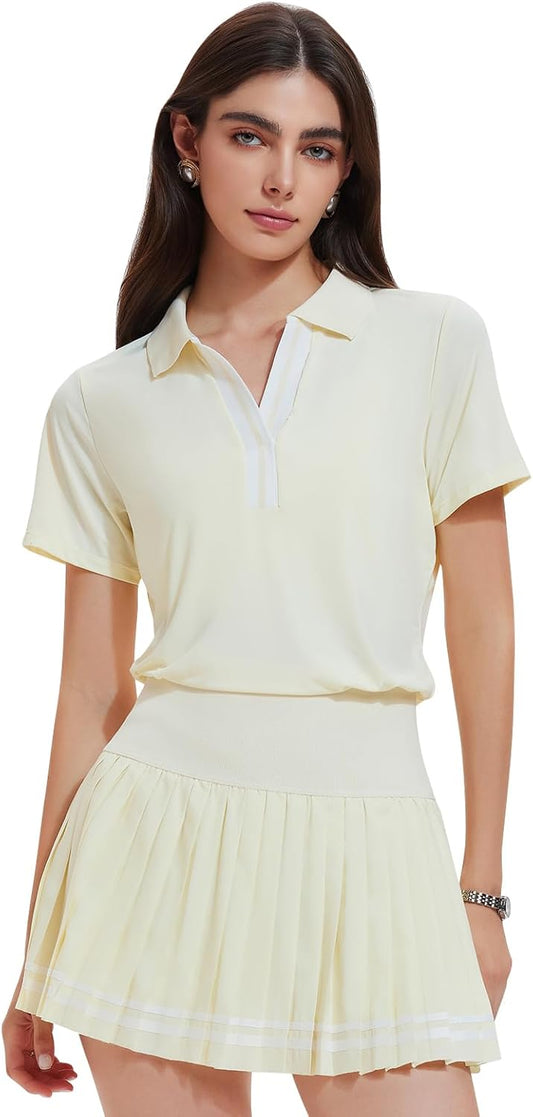 Women's 2 Piece Tennis Skirt Set - Pleated Golf Outfit with Polo V-Neck and Pockets