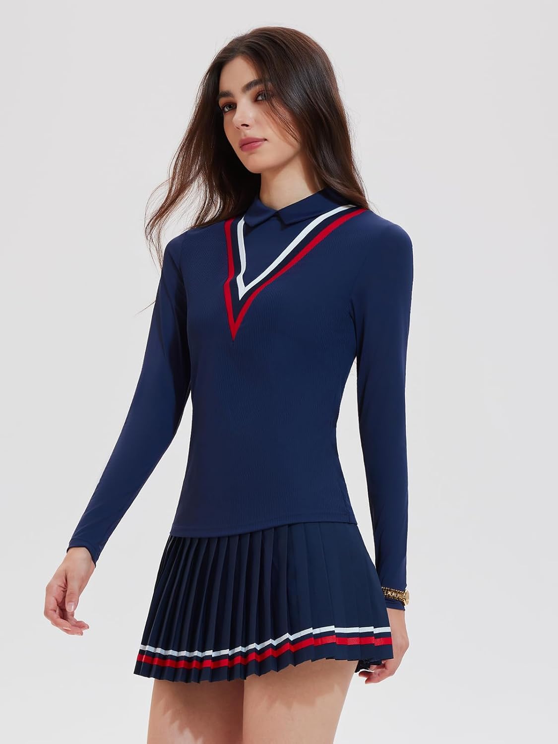 Women's 2 Piece Tennis Skirt Set - Long Sleeve Preppy Polo Top & Pleated Skorts Athletic Outfit