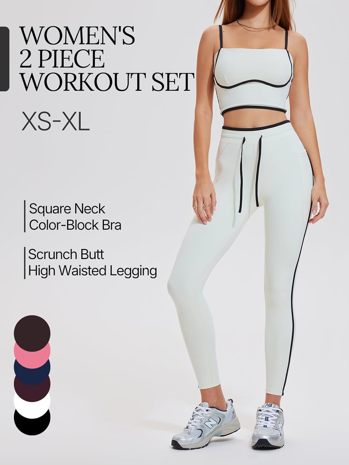 Women's 2 Piece Workout Set with Pockets Square Neck Leggings for Gym Yoga