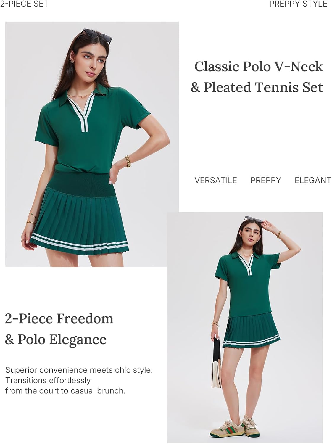 Women's 2 Piece Pleated Tennis Skirt Set - V-Neck Polo Athletic Outfit with Pockets