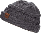 2 Pack Ponytail Beanie for Women, Winter Warm Soft Stretch Cable Knit Messy High Bun Hat