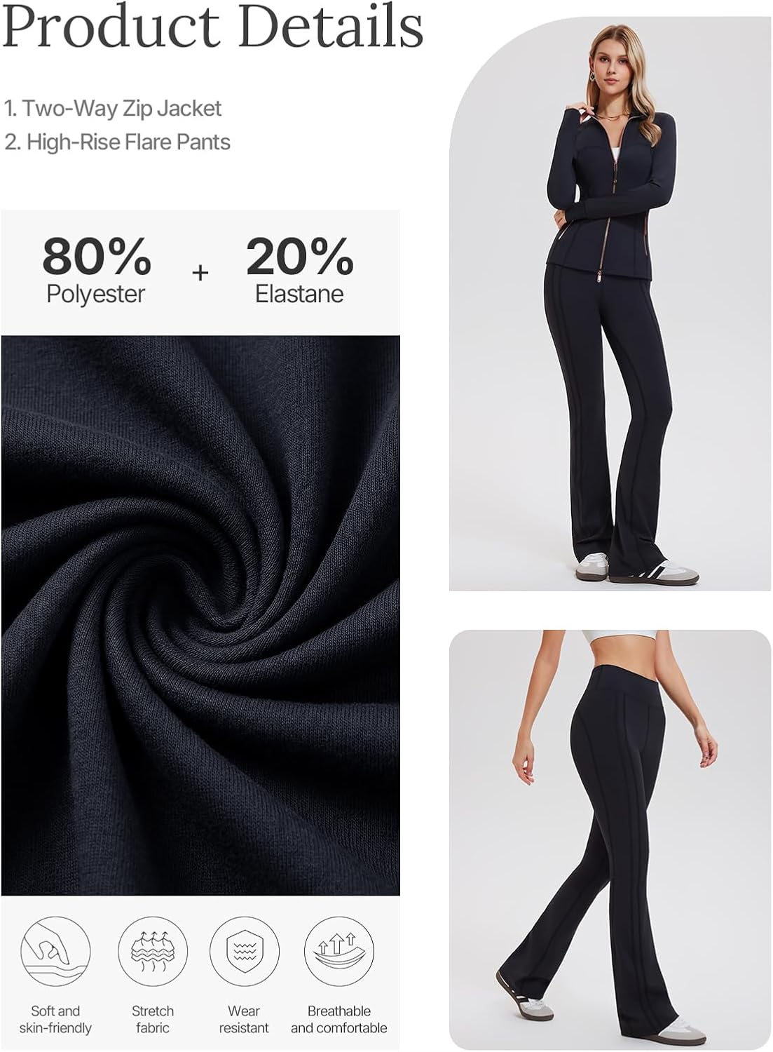 Women's 2 Piece Tracksuit Set - Full Zip Jacket with Thumbholes and High Waisted Flare Leggings