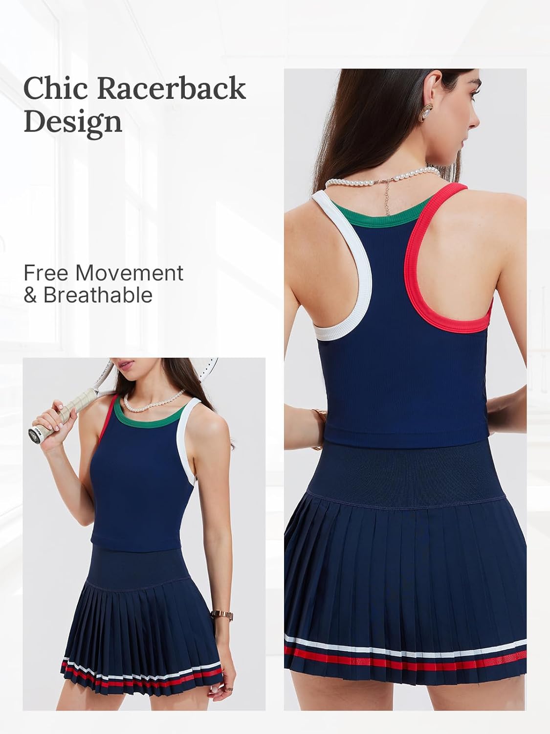 Women's 2 Piece Tennis Skirt Set - Racerback Tank Top and High Waisted Athletic Skort Outfit