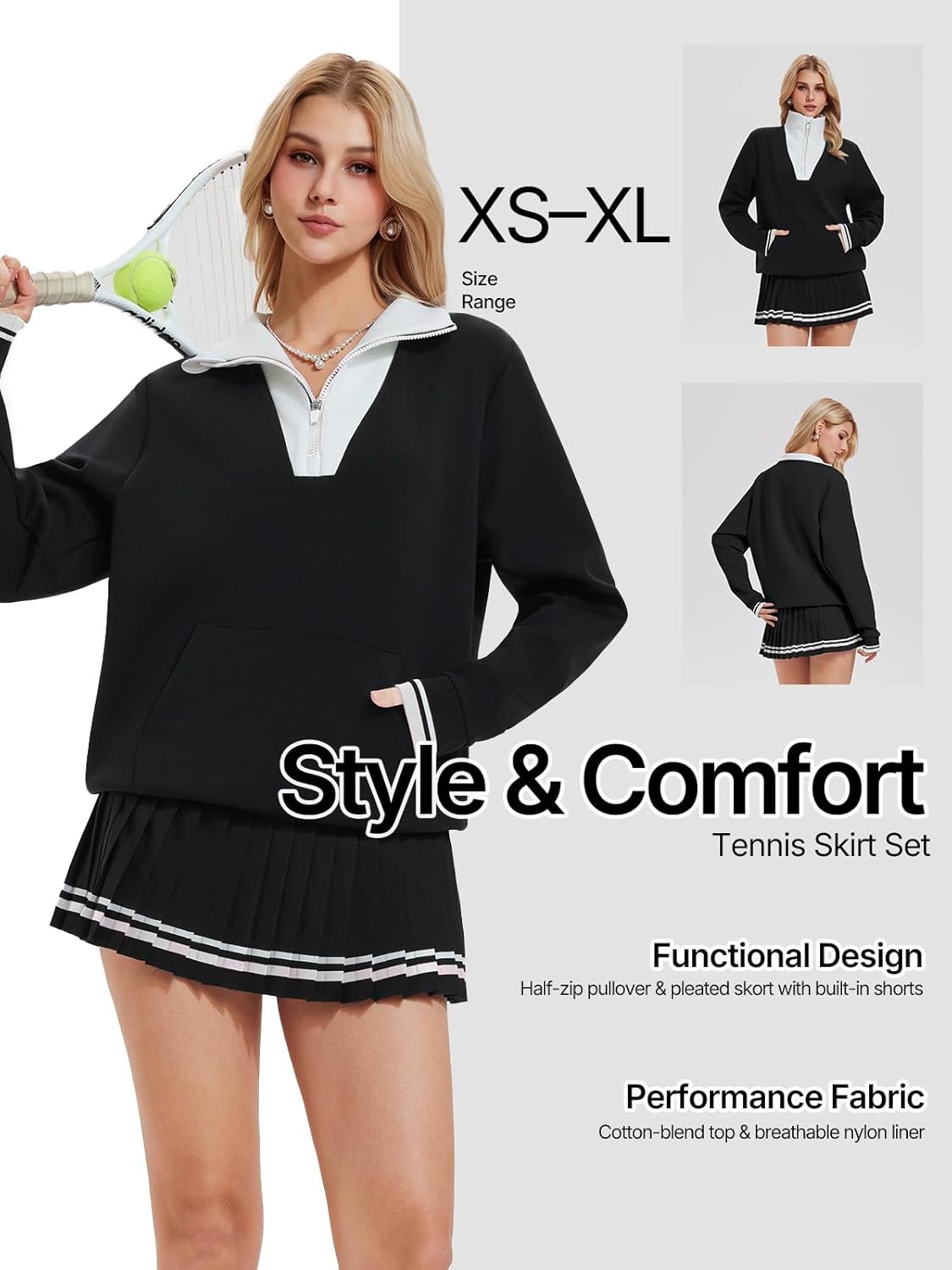 Women's 2 Piece Tennis Skirt Set - Long Sleeve Half Zip Warm Pickleball Outfits with Pockets