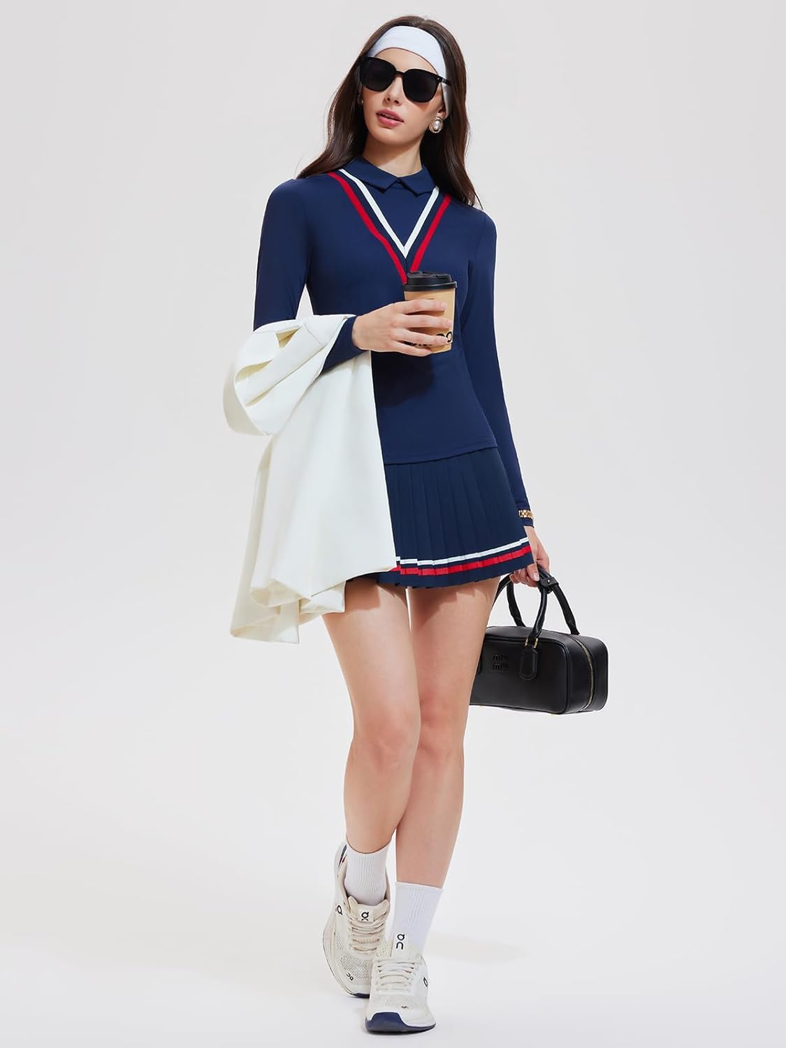 Women's 2 Piece Tennis Skirt Set - Long Sleeve Preppy Polo Top & Pleated Skorts Athletic Outfit