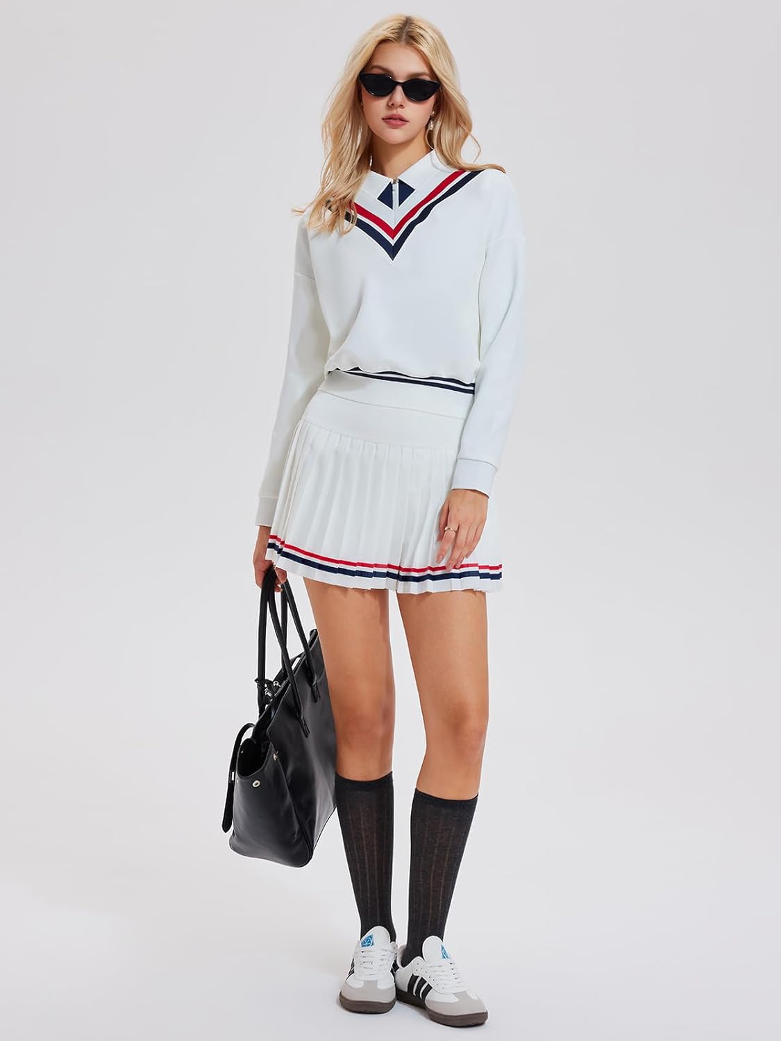 Women's 2 Piece Tennis Skirt Set, V-Neck Long Sleeve Sweatshirt & High Waisted Pleated Skirt