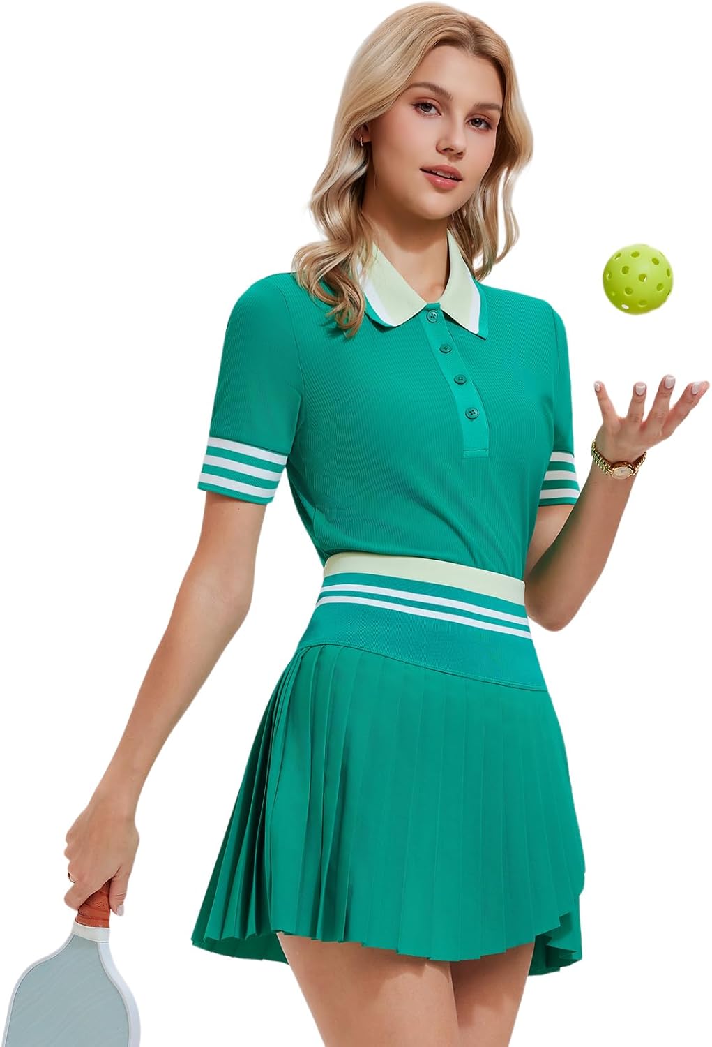 Women's 2 Piece Tennis Skirt Set, Preppy Polo Top & High Waisted Pleated Skort