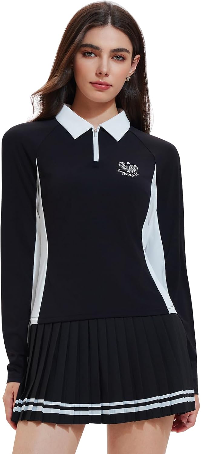 Women's 2 Piece Tennis Skirt Set - Half Zip Long Sleeve Sweater & Pleated Skort Outfit