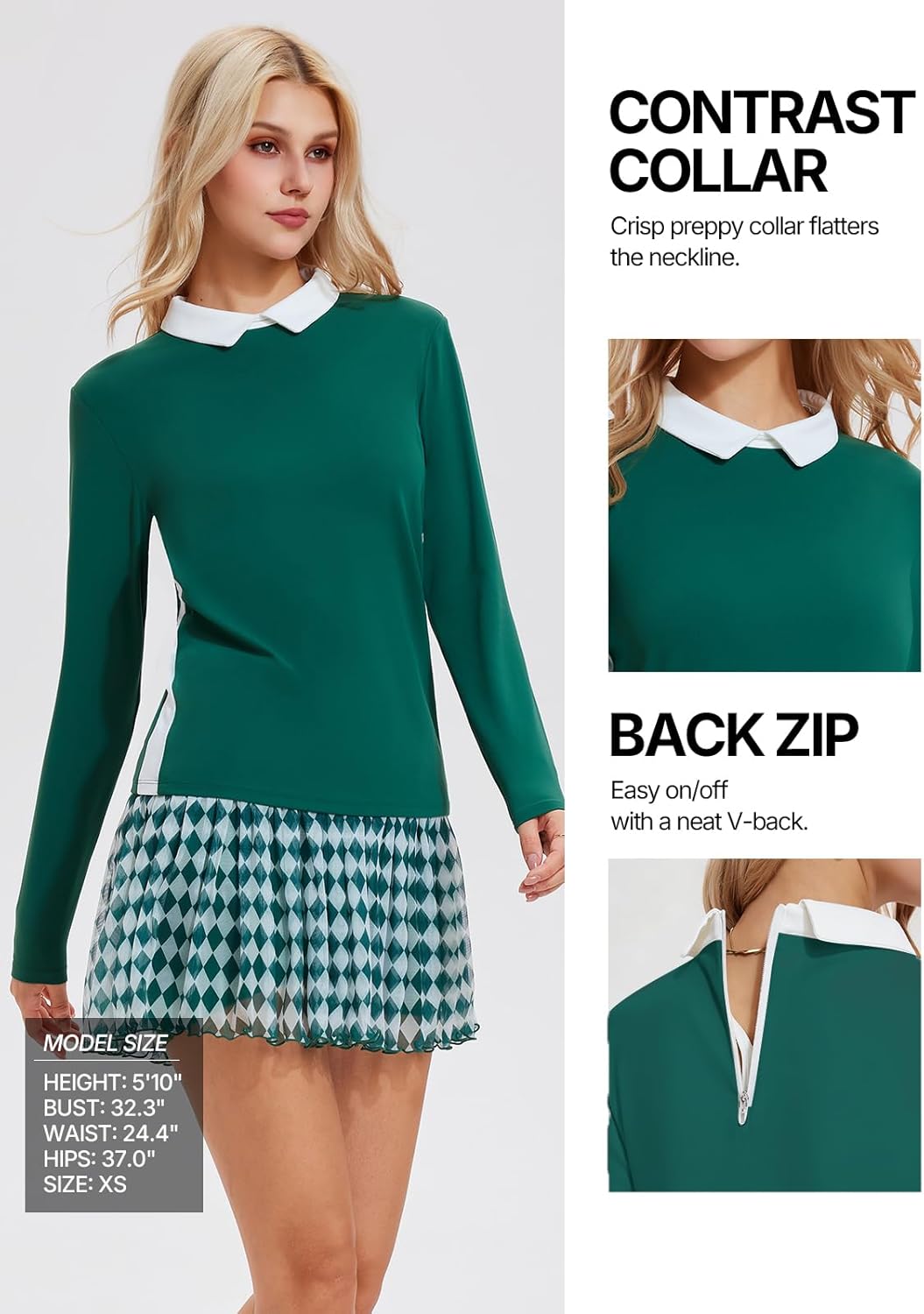 Women's 2 Piece Tennis Skirt Set - Long Sleeve Color Block Top & Pleated Skort